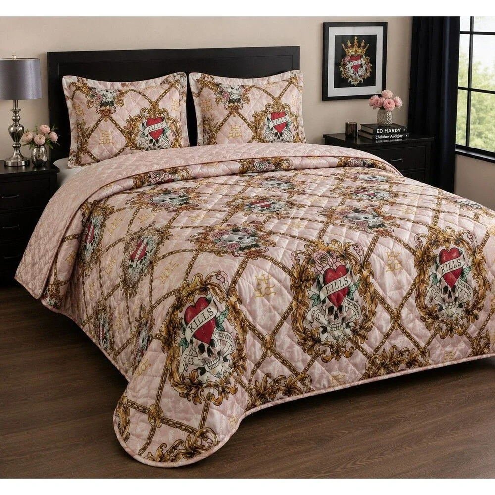Ed Hardy 3-Piece King Satin Quilt Set Pink Skull Roses Tattoo Bedding NWT